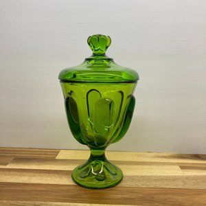 Vintage 1960s Avocado Green Viking Glass Epic Line #6812 Six-Petal Covered Bowl